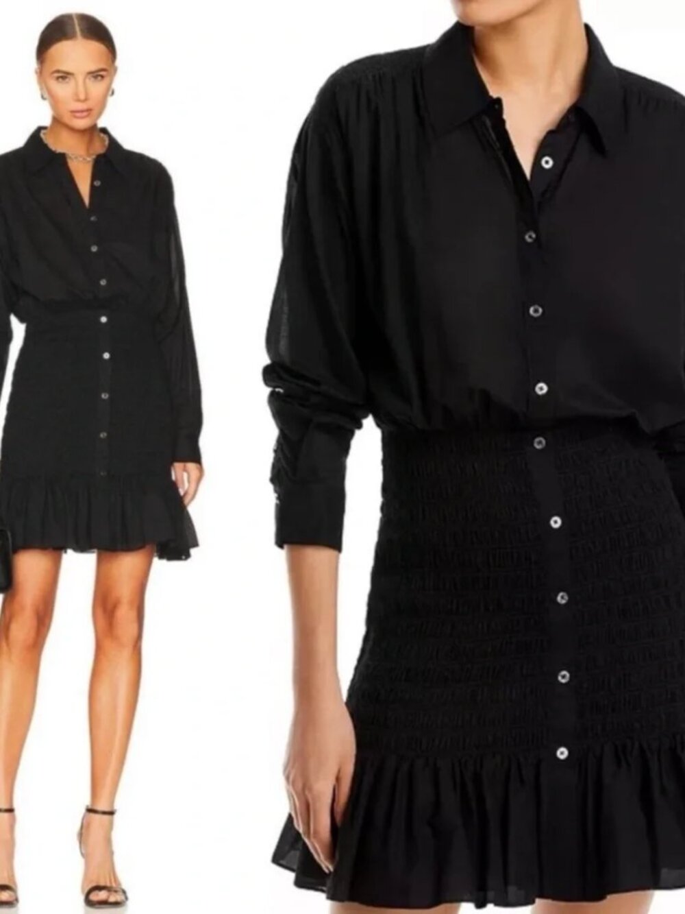 VERONICA BEARD Newport Dress Mini Black Shirtdress Smocked skirt Button Up sz 2 - Picture 7 of 15